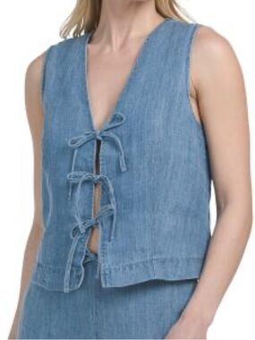 Light Blue Denim Tie-Front Sleeveless Top